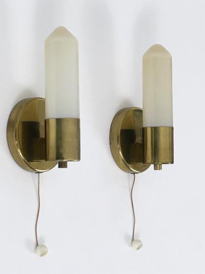 Set of Two Elegant Bauhaus Brass Opaline Glass Sconces Germany 1950s