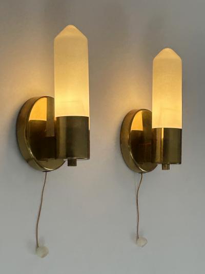 Set of Two Elegant Bauhaus Brass Opaline Glass Sconces Germany 1950s