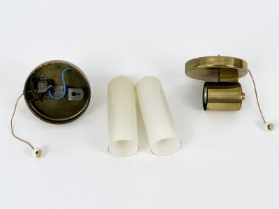 Set of Two Elegant Bauhaus Brass Opaline Glass Sconces Germany 1950s
