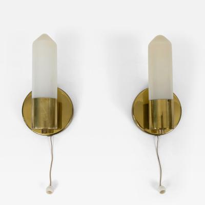 Set of Two Elegant Bauhaus Brass Opaline Glass Sconces Germany 1950s