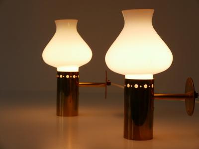 Set of Two Elegant Mid Century Modern Brass Glass Sconces Sweden 1950s