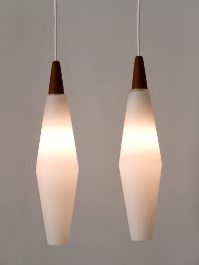Set of Two Elegant Scandinavian Opaline Glass Teak Pendant Lamps 1960s