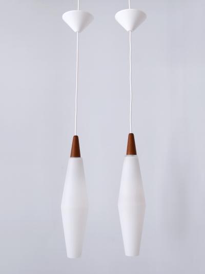 Set of Two Elegant Scandinavian Opaline Glass Teak Pendant Lamps 1960s