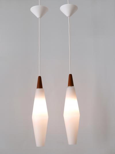 Set of Two Elegant Scandinavian Opaline Glass Teak Pendant Lamps 1960s