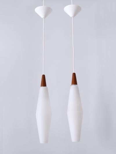 Set of Two Elegant Scandinavian Opaline Glass Teak Pendant Lamps 1960s