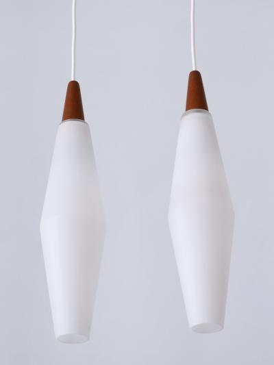 Set of Two Elegant Scandinavian Opaline Glass Teak Pendant Lamps 1960s