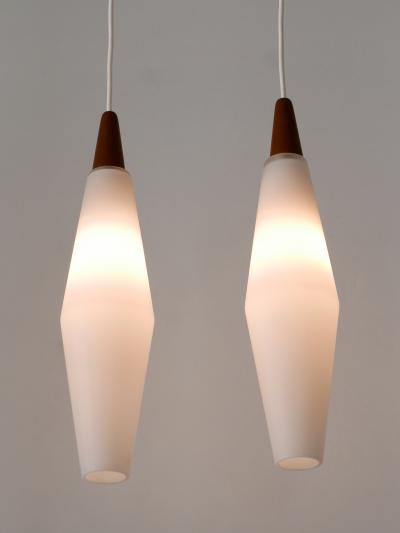 Set of Two Elegant Scandinavian Opaline Glass Teak Pendant Lamps 1960s