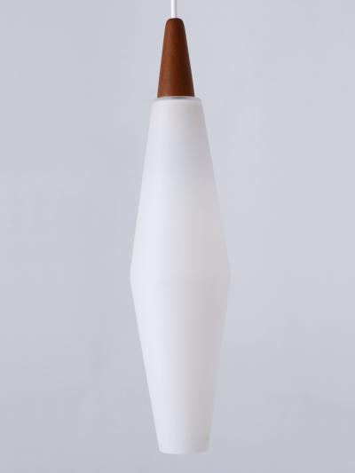 Set of Two Elegant Scandinavian Opaline Glass Teak Pendant Lamps 1960s