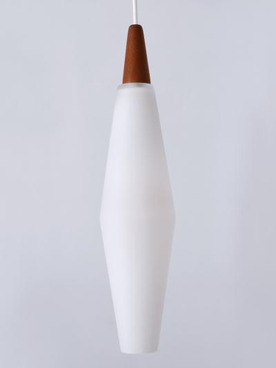 Set of Two Elegant Scandinavian Opaline Glass Teak Pendant Lamps 1960s