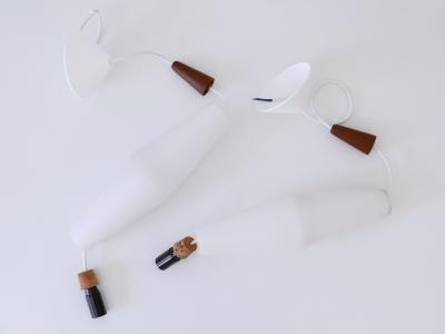 Set of Two Elegant Scandinavian Opaline Glass Teak Pendant Lamps 1960s