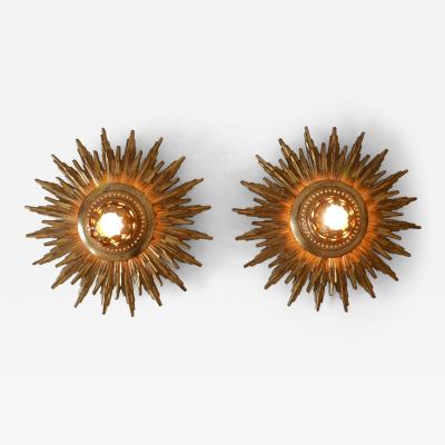 Set of Two Exceptional Mid Century Modern Sunburst Flush Mounts or Sconces 1950s