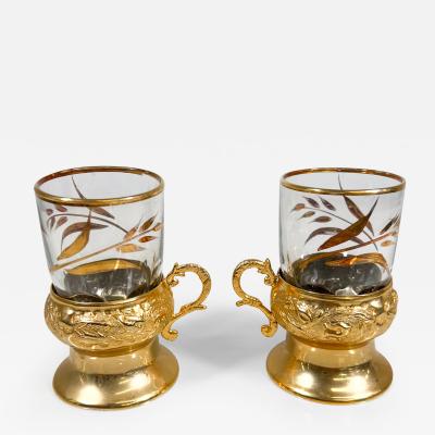 Set of Two Fancy Gold Leaf Glass Demitasse Mugs Arcoroc France