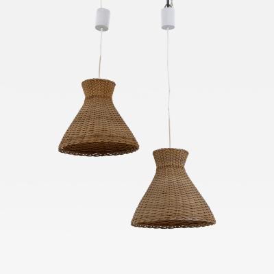 Set of Two Lovely Mid Century Modern Rattan Diabolo Pendant Lamps Germany 1960s