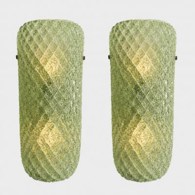 Set of Two Mid Century Modern Green Graniglia Rombus Murano Glass Wall Sconces