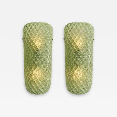 Set of Two Mid Century Modern Green Graniglia Rombus Murano Glass Wall Sconces