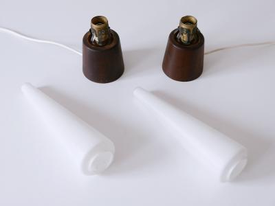 Set of Two Mid Century Modern Opaline Glass Teak Table Lamps Scandinavia 1960s