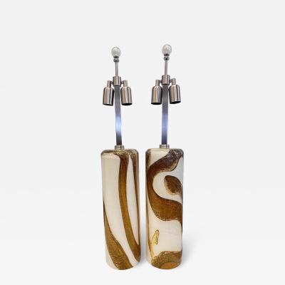 Set of Two Milky White Gold and Amber Murano Glass Table Lamps