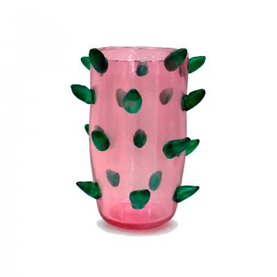 Set of Two Pink and Green Murano Glass Art Deco Vases with Applied Spikes 80s