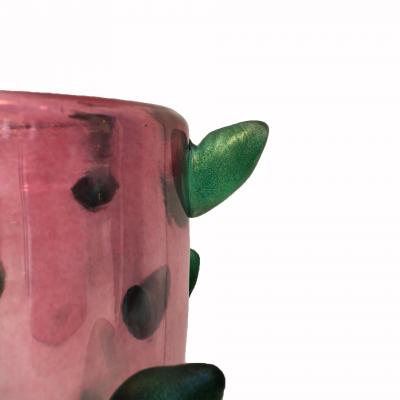 Set of Two Pink and Green Murano Glass Art Deco Vases with Applied Spikes 80s