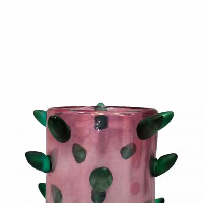 Set of Two Pink and Green Murano Glass Art Deco Vases with Applied Spikes 80s