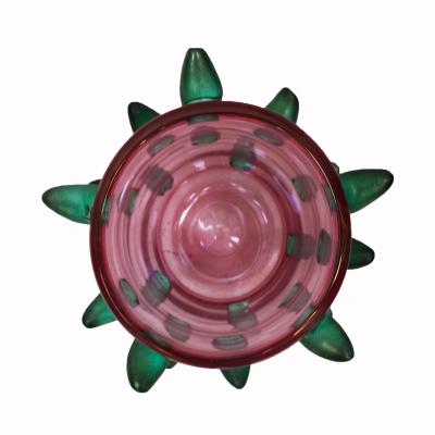 Set of Two Pink and Green Murano Glass Art Deco Vases with Applied Spikes 80s