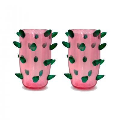 Set of Two Pink and Green Murano Glass Art Deco Vases with Applied Spikes 80s
