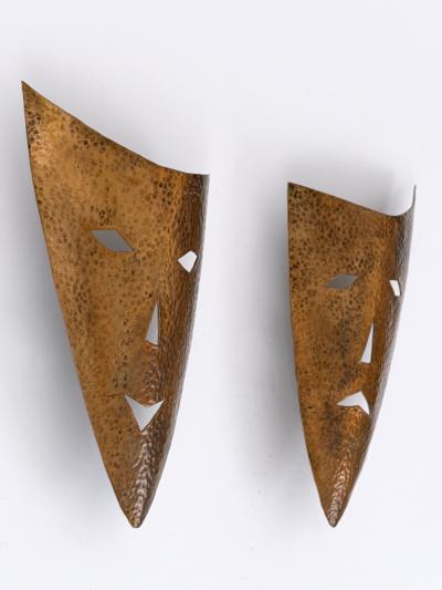 Set of Two Rare Hand Hammered Copper Wall Objects or Masks Germany 1960s