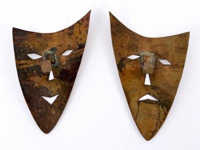 Set of Two Rare Hand Hammered Copper Wall Objects or Masks Germany 1960s
