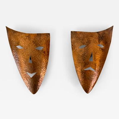 Set of Two Rare Hand Hammered Copper Wall Objects or Masks Germany 1960s