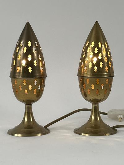 Set of Two Rare Lovely Perforated Brass Bedside Table Lamps Sweden 1960s