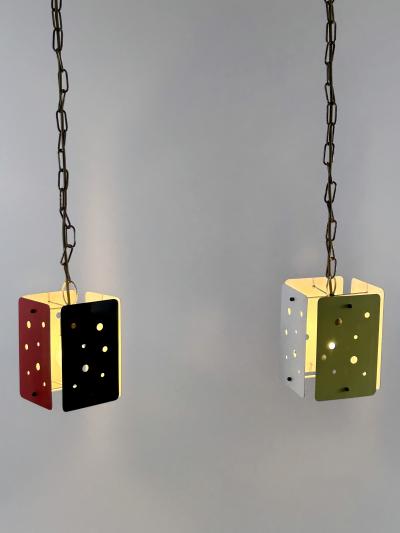 Set of Two Rectangular Mid Century Modern Polychrome Pendant Lamps Germany 1960s