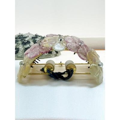 Set of Two Venetian Gold and Violet Flowers Murano Glass Wall Sconces