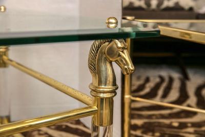Set of Vintage French Brass and Lucite Horse Head Glass Top Tables