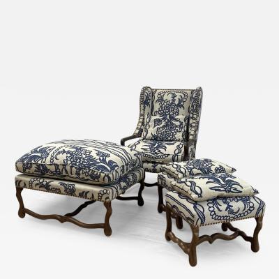 Set of an Armchair and 3 Poufs in Louis XIII Style