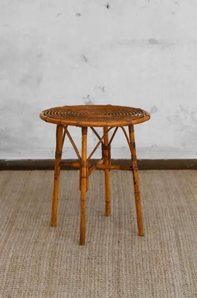 Set of bamboo cane cart and circular side table 1960s