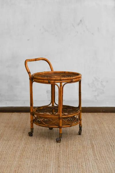Set of bamboo cane cart and circular side table 1960s