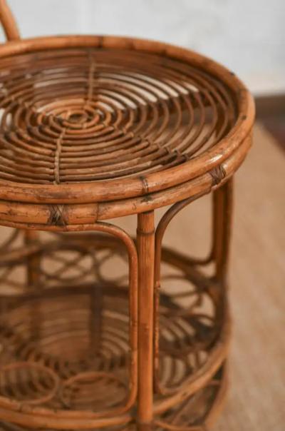 Set of bamboo cane cart and circular side table 1960s