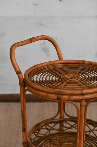 Set of bamboo cane cart and circular side table 1960s