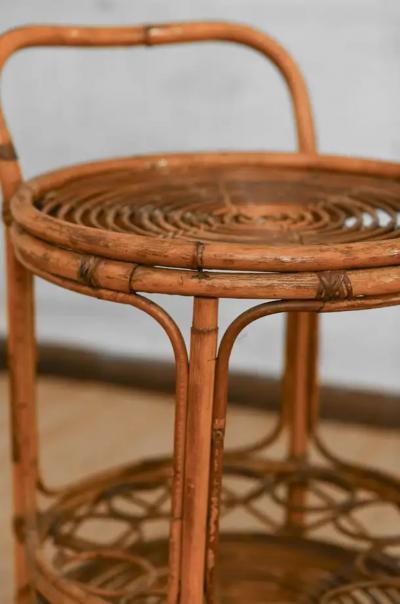 Set of bamboo cane cart and circular side table 1960s