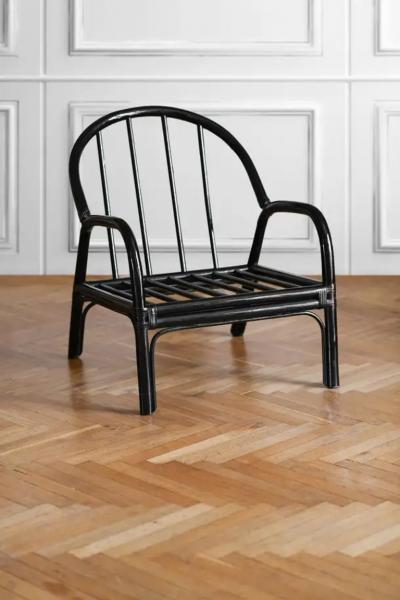 Set of bench and 2 armchairs in black lacquered rush with leather bindings