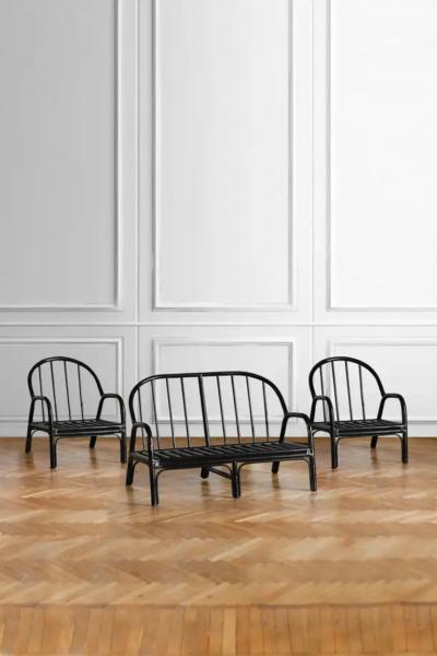 Set of bench and 2 armchairs in black lacquered rush with leather bindings