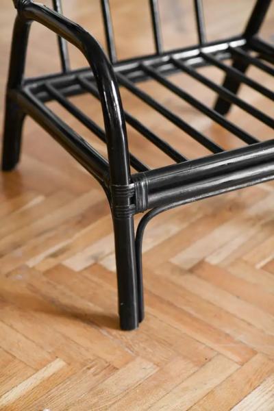 Set of bench and 2 armchairs in black lacquered rush with leather bindings