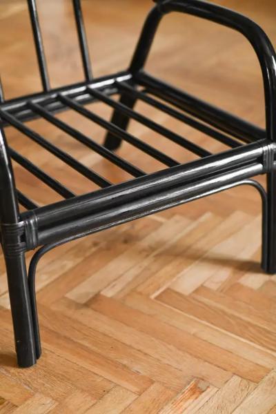 Set of bench and 2 armchairs in black lacquered rush with leather bindings