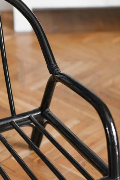 Set of bench and 2 armchairs in black lacquered rush with leather bindings