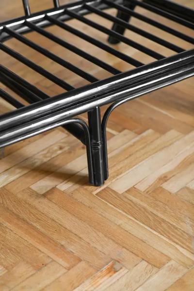 Set of bench and 2 armchairs in black lacquered rush with leather bindings