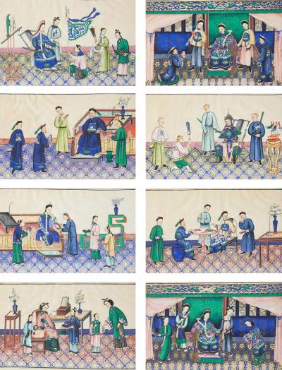 Set of eight 19th century Chinese pith paper paintings depicting dignitaries