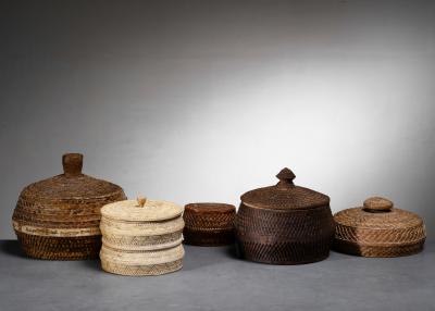 Set of five birch bark baskets