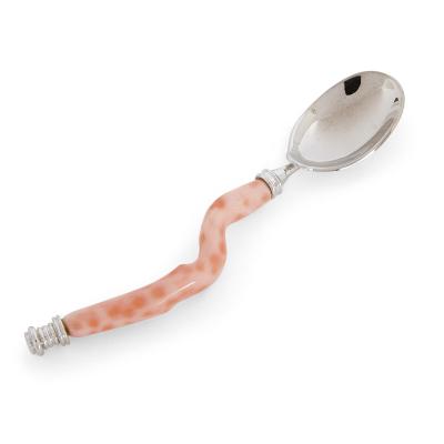 Set of five red coral and silver spoons