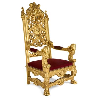 Set of four Baroque style carved giltwood and velvet throne armchairs