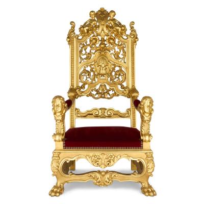 Set of four Baroque style carved giltwood and velvet throne armchairs